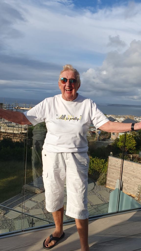 Me on Louise's balcony overlooking Porthmeor Beach, St. Ives.